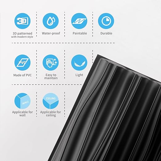 Art3d 46.2 SF Large 3D Wall Panels for Interior Décor, PVC Textured Wavy Wall Panels for Living Room, Bedroom and Office, Pack of 6 (47.2"×23.6"), Black