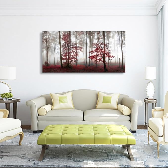 Misty Forest Pictures Canvas Wall Art for Living room Office Bedroom Wall Decor,Forest Wall Art Print Paintings Modern Nature Red Tree Artwork Waterproof Ready to Hang-24x48 inch
