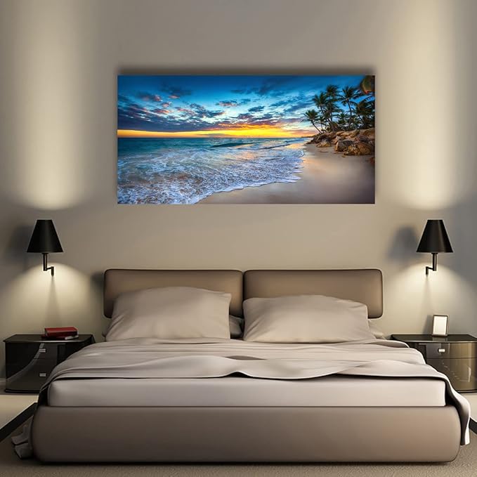 Beach Sunset Pictures Canvas Wall Art For Living Room Bedroom Wall Decor,Sunset Wall Art Print Paitnings for Home Decor,Morden Artwork Palm Coconut Tree Canvas Art Ready to Hang-20X40Inches