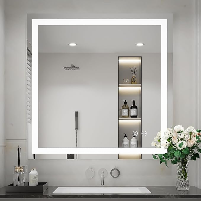 36X36 Inch LED Bathroom Mirror,Vanity Wall Mounted Anti-Fog Mirror,Dimmable Lighted Bathroom Mirror with Lights,Smart Touch Button+Memory Function+CRI90+High Lumen
