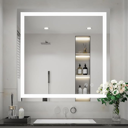 36X36 Inch LED Bathroom Mirror,Vanity Wall Mounted Anti-Fog Mirror,Dimmable Lighted Bathroom Mirror with Lights,Smart Touch Button+Memory Function+CRI90+High Lumen