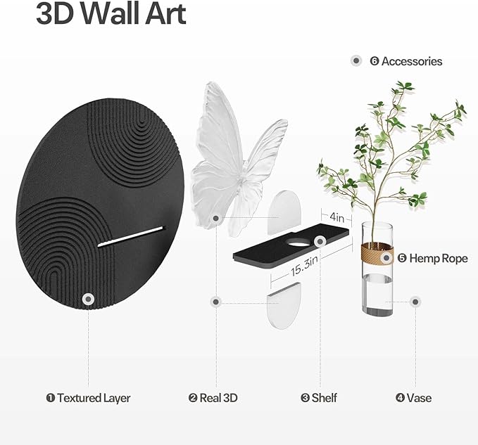 3D Textured Black and White Wall Art for Living Room, Modern White Butterfly with Vase Artwork for Walls, Minimalist Sandstone Wall Decor for Bedroom, Hallway, Dining Room, or Office, 25.6x24 Inch