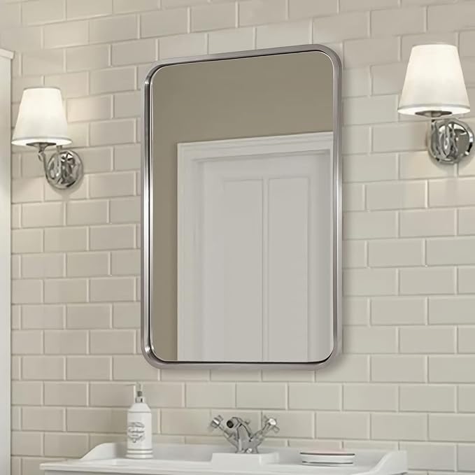ANDY STAR 22x30'' Brushed Nickel Bathroom Mirror, Rounded Rectangle Brushed Silver Mirror for Bathroom Vanity SUS304 Metal Tube Framed(Rustproof) 1’’ Deep Wall Mounted Vertically/Horizontally
