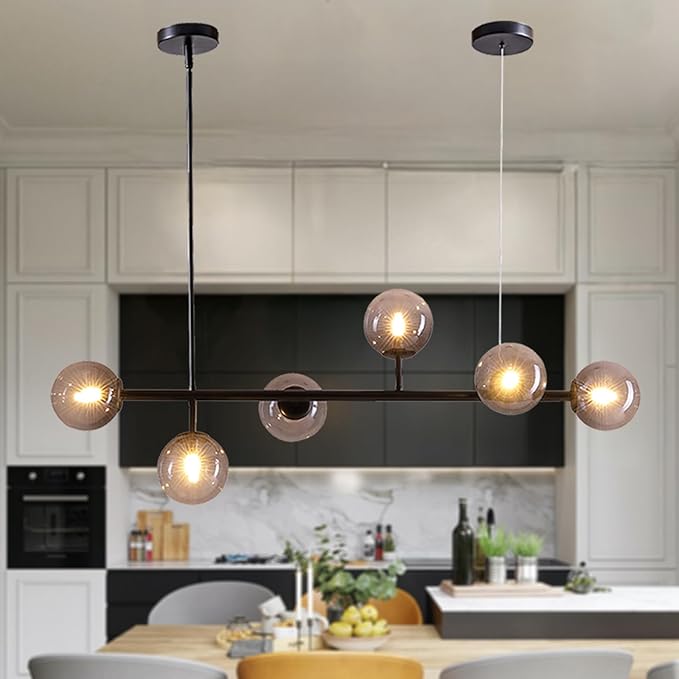 6 Lights Mid Century Modern Globe Chandelier, Black Linear Sputnik Chandelier with Glass Pendant Lights for Dining Room, Kitchen Island, and Living Room (Smoke Gray Glass)