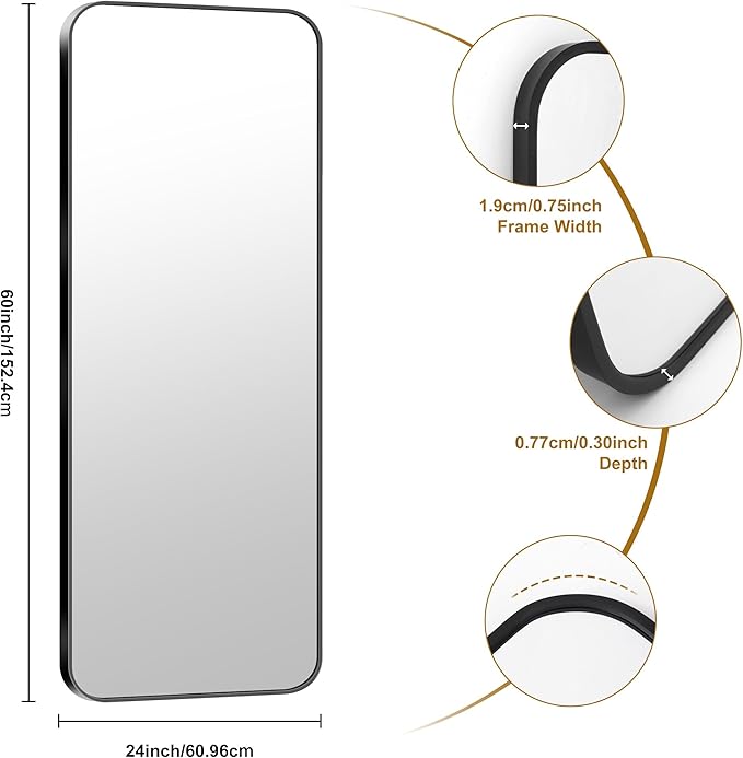 KOCUUY Black Bathroom Mirror 60"x24", Large Vanity Mirror with Rounded Corner, Metal Black Frame with Mordern Design for Bathroom, Living Room, Entryway, Hang Horizontal/Vertical