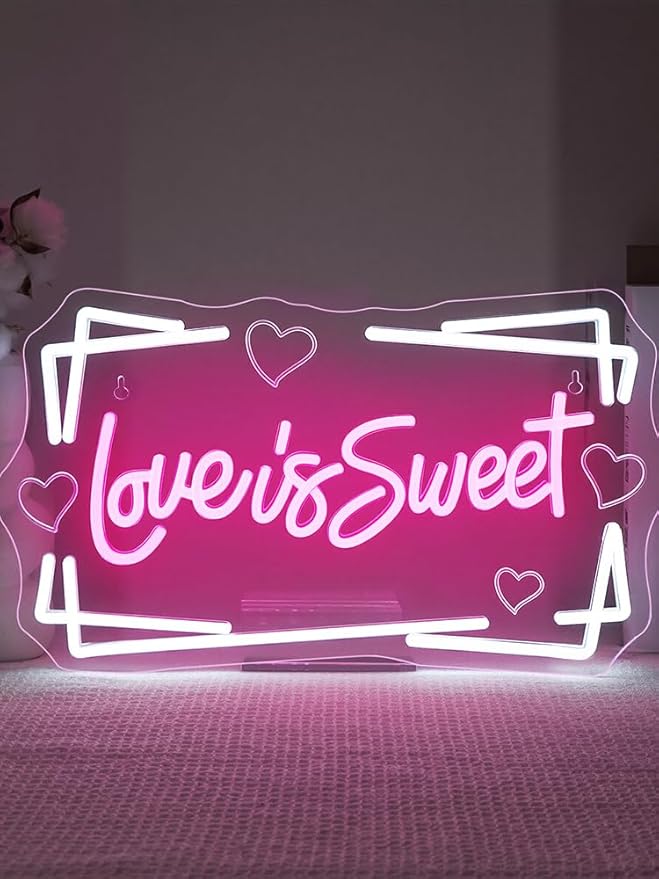 Lucunstar Love is Sweet Neon Sign,Led Light Sign for Wedding Decor Bridal Shower,USB Connectivity Led Sign with Dimming Switch for Home Wall Decor,Girls Decor,Party Room