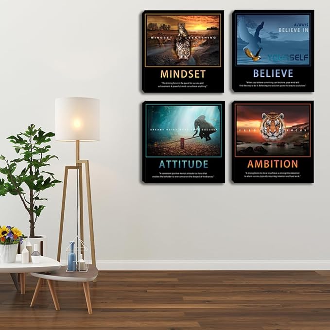 Motivational Wall Art Decor Quotes Canvas Wall Art Set of 4 Motivation Picture Prints for Home Office Canvas Painting Wall Art Poster Prints Wall Pictures Decoration Framed Ready to Hang 16"x16"x4
