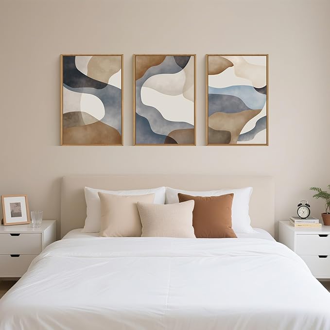 Large Abstract Watercolor Block Framed Canvas Wall Art,Colorful Neutral Geometric Wall Decor,Beige Blue and Brown Artwork,Modern Minimalist Line Art Print for Living Room,Bedroom- 16"x24"x3