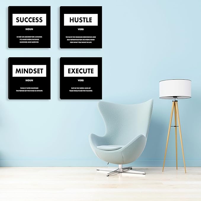 Motivational Wall Art Inspirational Office Wall Decor for Living Room Bedroom Black Decorate Wall Painting Picture Mindset Canvas Posters Prints Framed Art Work Decoration - 12"x12"x4PCS