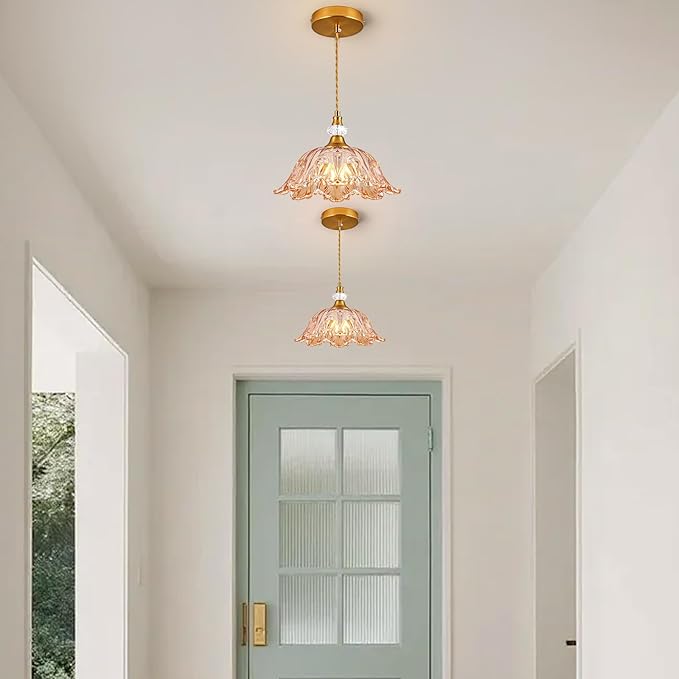 1 Piece Vintage Chandelier Light Fixtures with Amber Glass Shade,Matte Brass Finish Pendant Light for Kitchen,Hanging Light Fixture for Dining Room, Hallway, Living Room, Bedroom