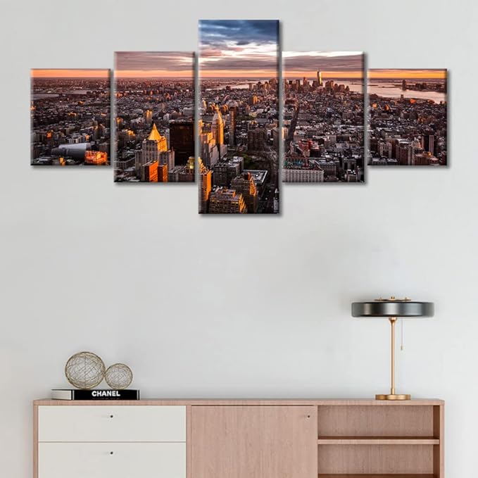 5 Panel City View Canvas Wall Art Manhattan Skyline Wall Decor for Living Room City Panorama Pictures Home Decorations for Living Room Print on Canvas Stretched and Framed Ready to Hang (50"Wx24"H)