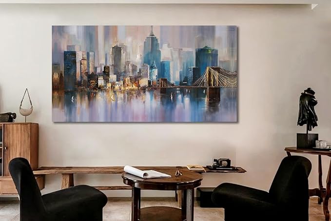 Ardemy Cityscape Wall Art Living Room Canvas Wall Decor Large Abstract Skyline New York City Paintings Wall Decor Modern NYC Pictures Artwork for Walls Bedroom Home Office, 48"x24"