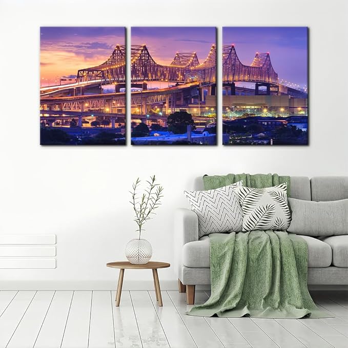 Pacimo Canvas Print Wall Art Set New Orleans Cityscape Modern Walls Decoration for Living Room Bedroom Office Crescent City Connection Bridge Pictures Painting Framed Ready to Hang - 20"x28"x3 Panels
