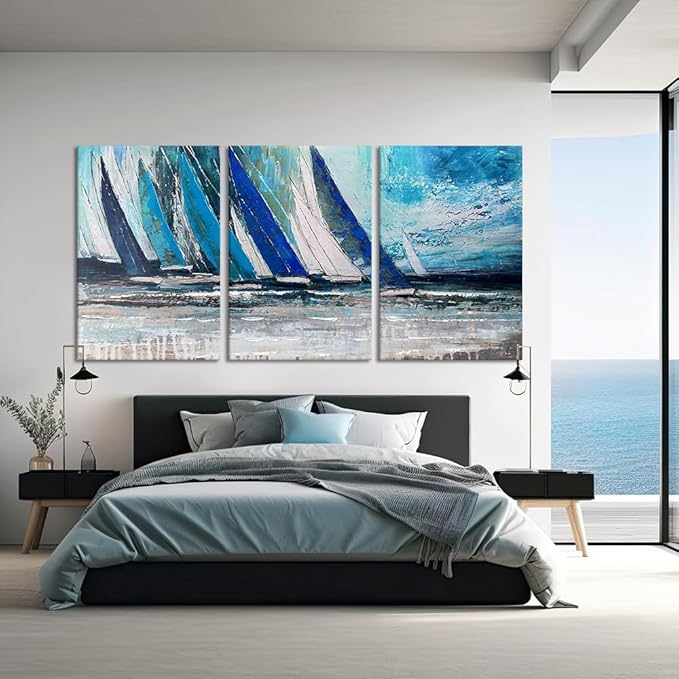 MAMAGO Large Abstract Living Room Wall Art Blue Coastline Landscape Canvas Prints Oil Painting Vintage Nautical Ocean Artwork for Bathroom Office Modern Framed Wall Decor Easy to Hang -24" x36x3pcs