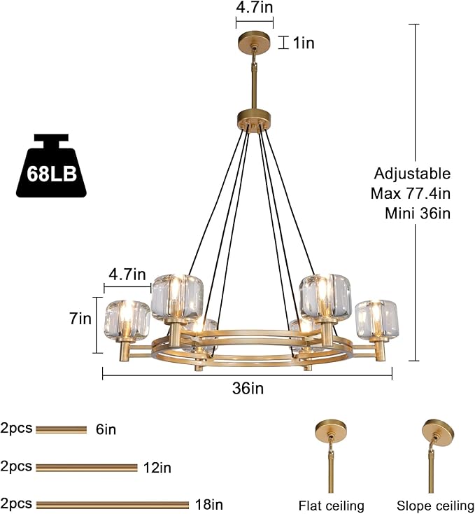 Modern Round Crystal Chandelier, 36in Large Gold Farmhouse Chandeliers for Dining Room, Light Fixtures Over Table, 6-Light Pendant Lighting Fixture for Living Room Bedroom Kitchen Island