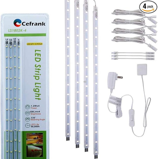 LED Display Light Bar Kit - (4) 16inches Plug-in Linkable Strip Lights for Large Display Cabinet - Series + Parallel Connection - White 6000K