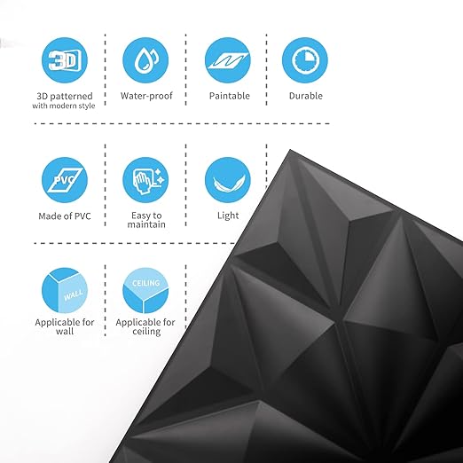 Art3d Textures 3D Wall Panels for Interior Wall Decor, Black Diamond Decorative PVC Wall Panels, Pack of 12 Tiles 32 Sq Ft
