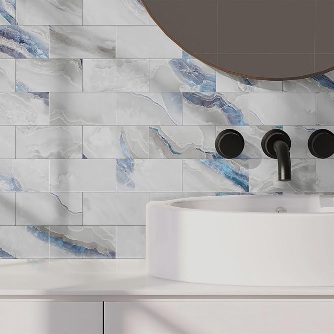 64-Pack Peel and Stick Marble Wall Tiles, Waterproof 4" x 8" Glossy Imitation Ice Blue Marble, PVC Shower Wall Panels for Kitchen, Bathroom, and Fireplace