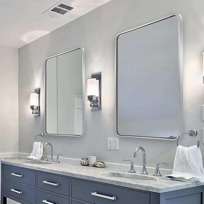 ANDY STAR 40”X30” Chrome Bathroom Mirror, Polished Chrome Bathroom Vanity Mirror, Rounded Rectangle Mirrors for Wall, SUS304 Anti-Rust Tube Metal Frame, Wall Mounted Horizontal/Vertical 1’’ Deep