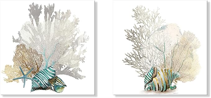 JAPO ART White Coral Wall Art Beach Bathroom Decor Sea Shell Pictures Coastal Wall Decor Sea Fan Nautical Painting Coral Pictures for Livingroom Bedroom Home Walls 16x16 x2pcs