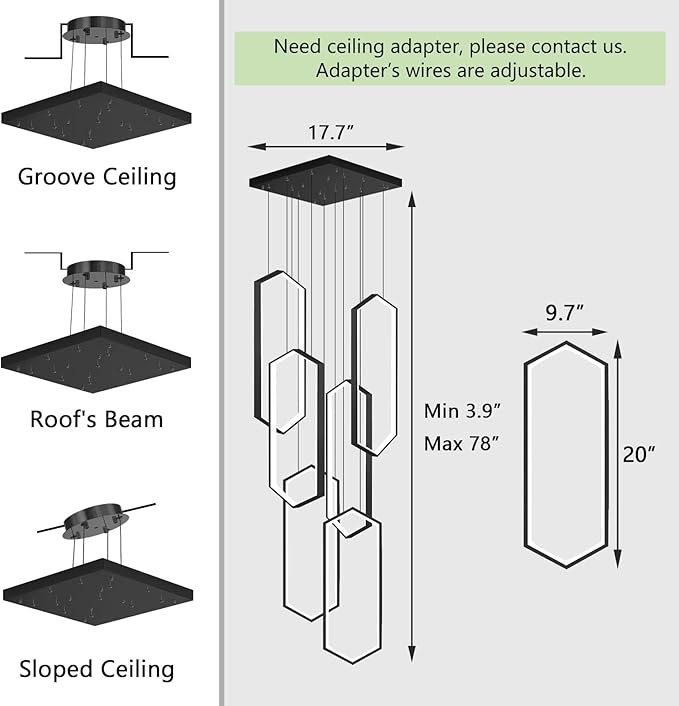 6 Rings Modern Chandelier LED Dimmable Pendant Lighting Adjust Flush Mount Ceiling Light for Foyer Lobby Living Room Staircaes Black