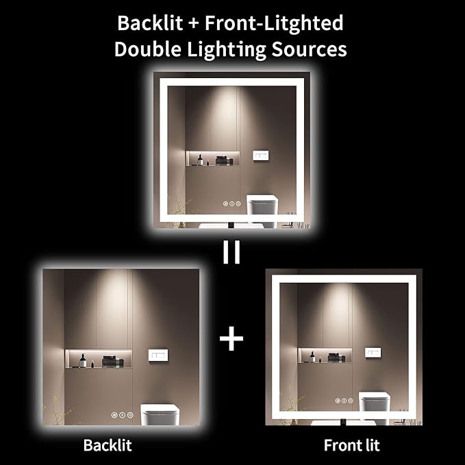 LOAAO 36X36 LED Bathroom Mirror with Lights, Anti-Fog, Dimmable, Backlit + Front Lit, Lighted Bathroom Vanity Mirror for Wall, Memory Function, Tempered Glass, Safe to Use, ETL Listed
