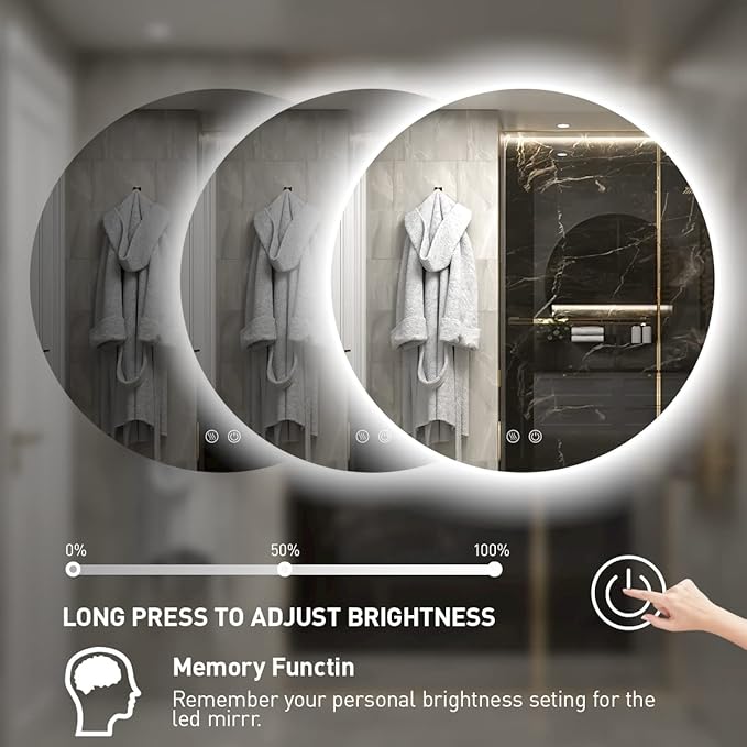 28 Inch Round LED Bathroom Mirror - 6000K Daylight Backlit, Anti-Fog & Dimmable, Frameless Waterproof Mirror with Touch Control, CRI90+, IP54 for Vanity & Makeup