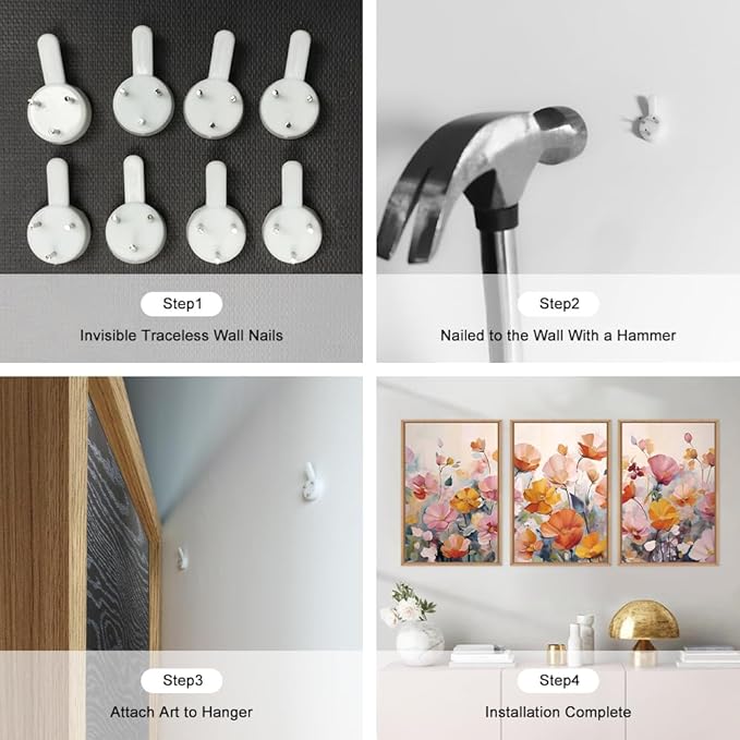 Colorful Pink Wildflowers Framed Canvas Wall Art Set,Modern Boho Floral Wall Decor,Mid Century Natural Botanical Artwork for Living Room,Bedroom,Office Decor-16 x24 x3