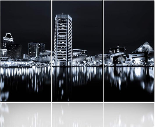3 Pieces Modern Canvas Painting Wall Art the Picture for Home Decoration Panoramic View of Baltimore Skyline at Night in Black and White Place Cityscape Print On Canvas Giclee Artwork for Wall Decor