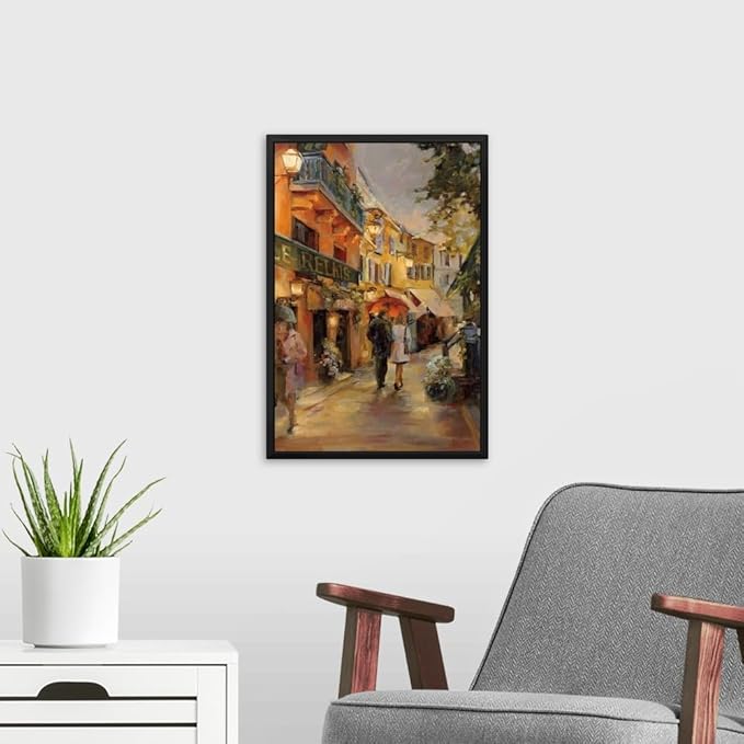 CANVAS ON DEMAND Evening in Paris Black Float Framed Canvas Wall Art Print by Marilyn Hageman, Traditional, Home Decor, Street Scene Artwork, Nature Artwork, 12" x18in