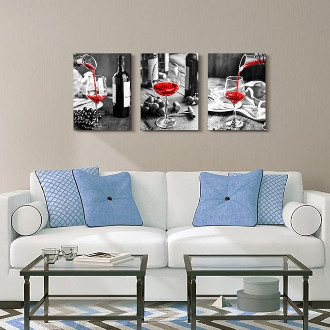 Canvas Wall Art For Kitchen Wall Decor For Dining Room Black And White Wine Glasses Painting Modern Red Wine Canvas Art Prints Ready To Wall Pictures For Restaurant Home Decorations 16"X24" 3 Pieces