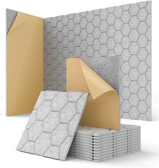 Acoustic Wall Panels Sound Absorbing, Honeycomb Self Adhesive Wall Tiles Panel, 12 Pack Decorative Hexagon Design for Studio, Home Office, Gaming Room, Acoustic Treatment, 12"x12"x0.4", Gray
