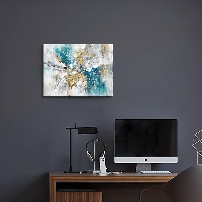 Abstract Teal Blue Canvas Wall Art: Gray White Colorful Minimalist Artwork Modern Glitter Gold Foil Painting for Bedroom