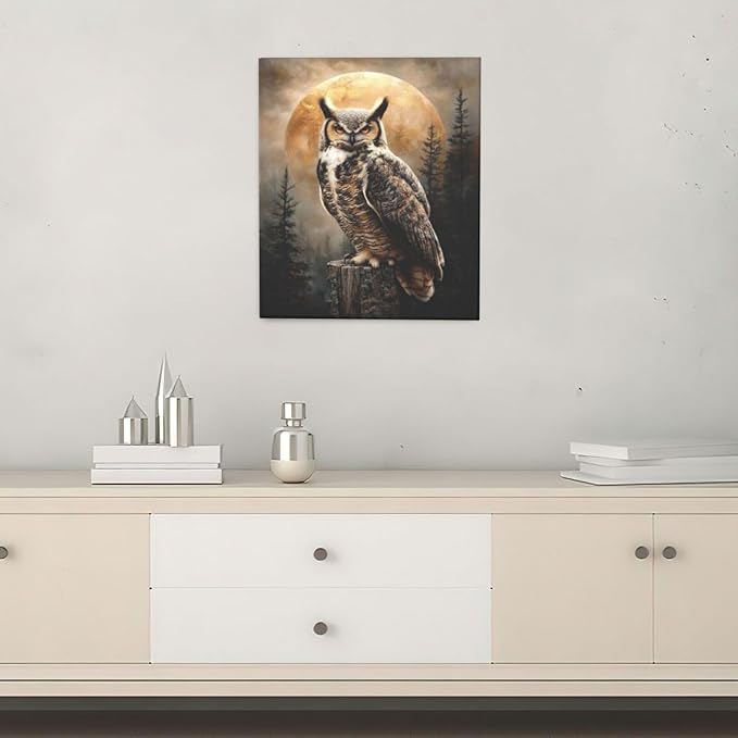 Cabin Owl Wall Art Moon and Forest Canvas Wall Decor Rustic Animal Pictures Paintings Prints Mystical Wildlife Artwork Framed Decorations For Bathroom Bedroom Living Room Office Gifts 20" x 24"