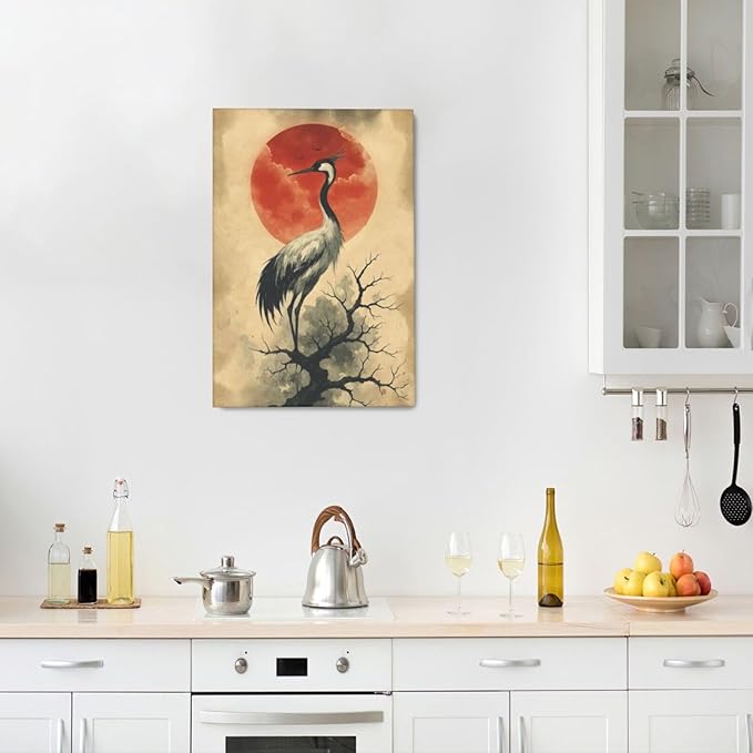 Japanese Crane Wall Art Oriental Asian Wall Decor Sandhill Crane Canvas Pictures Paintings Prints Japan Traditional Aesthetic Artwork Framed Chinese Decorations For Bedroom Living Room Office Gifts 16" x 24"