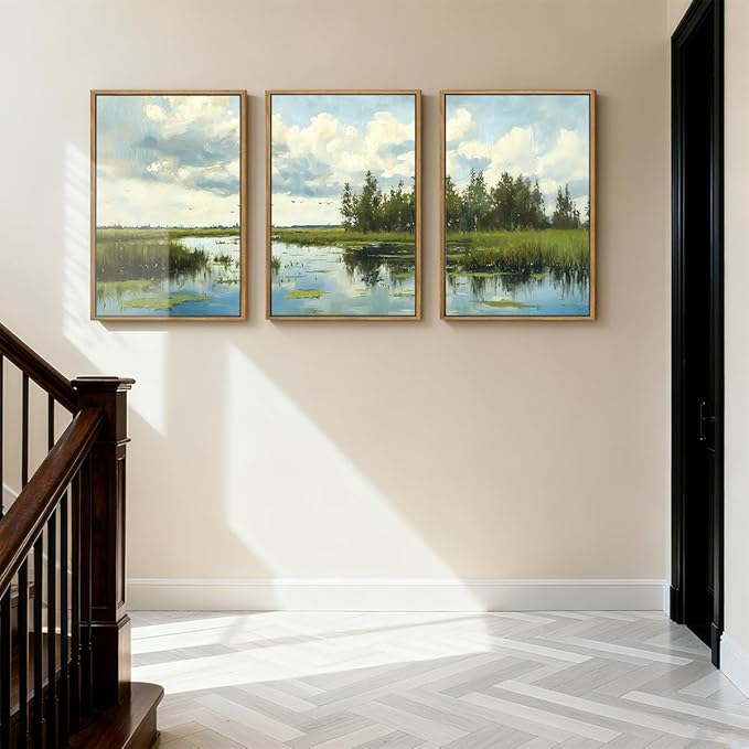 BINCUE Framed Green Nature Wall Art Lake Scenery Wall Decor Landscape Art Print for Living Room Bedroom Office 16 x24 Inches Set of 3