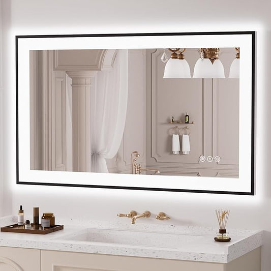 LOAAO 40"X24" LED Bathroom Mirror Black Framed, Anti-Fog, Dimmable, Lighted Bathroom Vanity Mirror for Wall, Memory Function, Tempered Glass