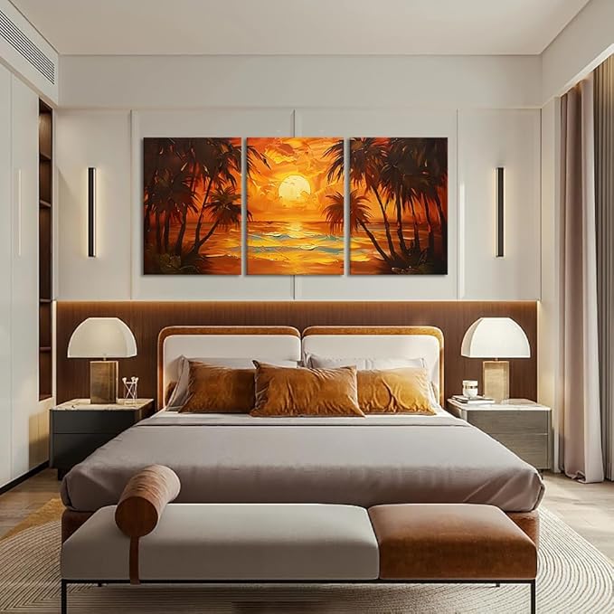 MAMAGO Abstract Beach Wall Decor 3 pieces Orange Skyline Palm Trees Romantic Landscape Canvas Print Picture for Living Room Bedroom Modern Wall Art Framed Easy to Hang-20”W x 28”Hx3pcs