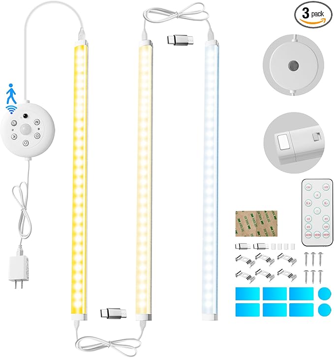 LED Cabinet Lights Bar with Motion Sensor, Dimmable Brightness and Color, Wireless Remote, Ultra Thin Strips Lighting Magnetic Mounting for Kitchen,Bookshelf,Closet 3Pack