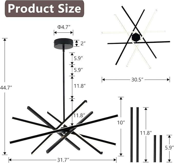 Modern Black Chandelier Light Fixtures - LED 6-Lights Dining Room Linear Chandeliers Sputnik Pendant Lights Fixture Over Table 3000K 4500K 6000K Dimmable for Kitchen Island Living Room