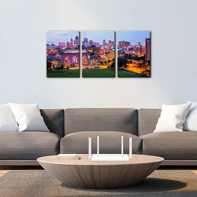 Pacimo Canvas Wall Art Union Station City Landscape Pictures Paintings Kansas Cityscape Modern Artwork Prints on Canvas Wall Decor for Living Room Bedroom Framed Ready to Hang - 12"x16"x3 Panels