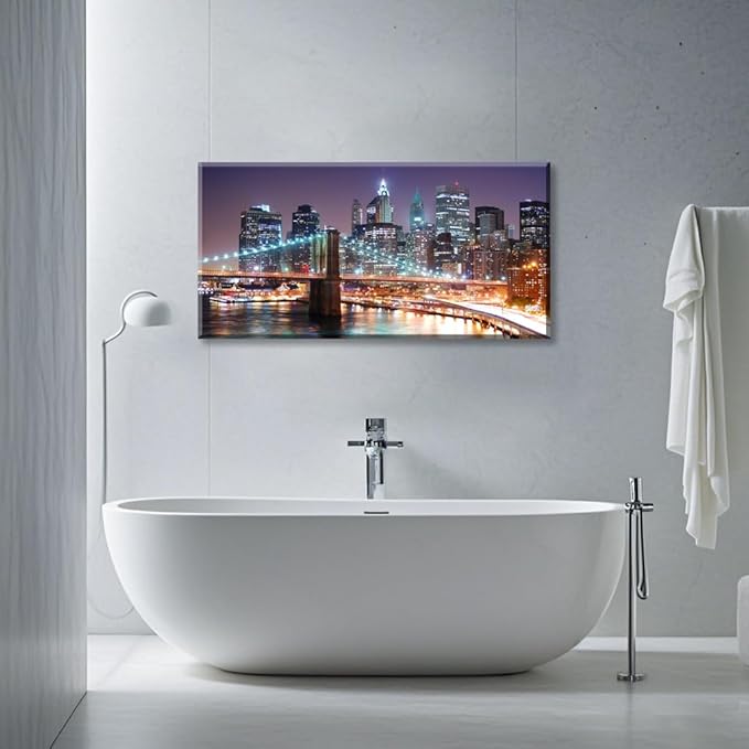 NAN Wind 1PCS New York City Skyline Canvas Wall Art Brooklyn Bridge at Sunset Golden Hour Manhattan Cityscape Pictures Canvas Artwork East River Reflection Modern Urban Home Decor Living Room Office