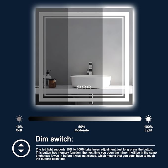 38x38 Inch LED Bathroom Mirror with Lights, Backlit and Front Lighted Bathroom Mirrors for Wall, Anti-Fog Dimmable Memory Shatterproof LED Vanity Mirror for Bathroom