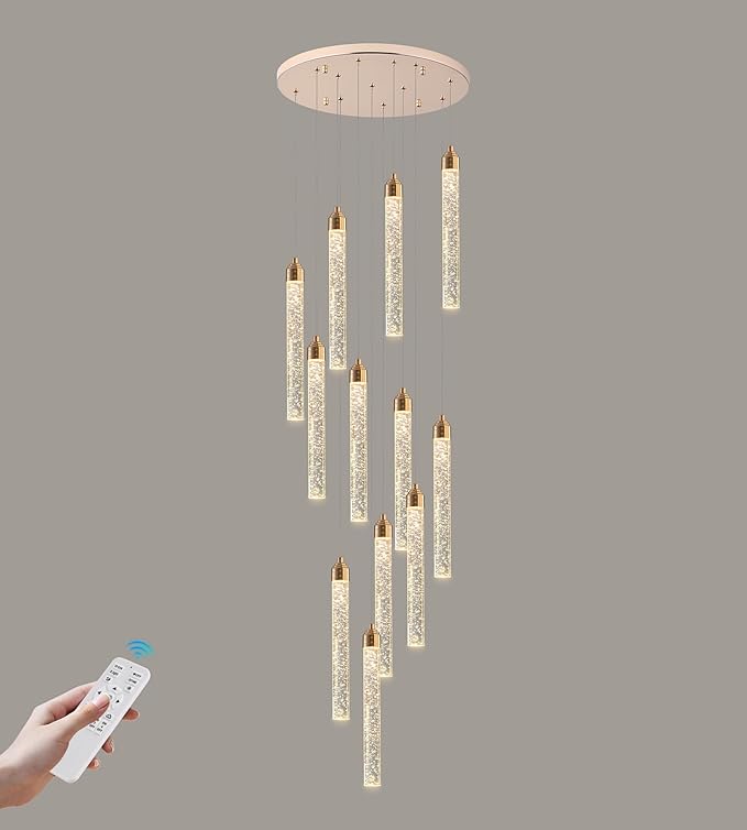 12-Lights High Ceiling Crystal Staircase Chandelier Gold, Modern Spiral Raindrop Dimmable LED Bubble Cluster Ceiling Hanging Lighting Fixture for Foyer Living Room Entrance Remote Control