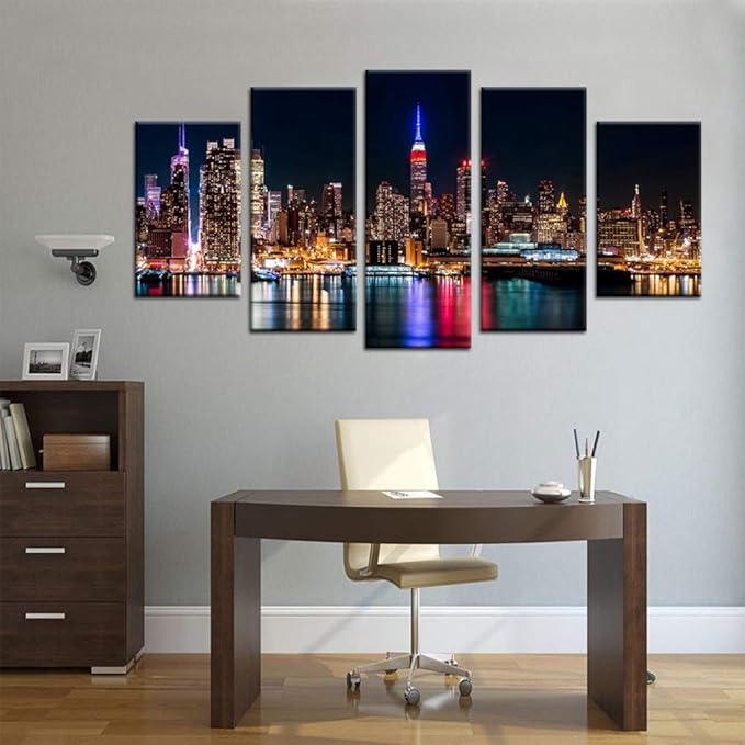 Biuteawal Large 5 Piece New York City Canvas Wall Art Manhattan Skyline at Night Picture Prints Modern Home Office Wall Decoration Gallery Wrapped Ready to Hang