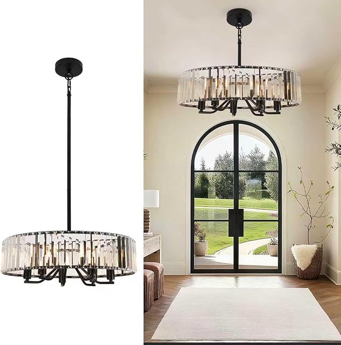 Black Crystal Chandelier for Dining Room, 6-Light Modern Semi Flush Mount Chandelier Lighting Fixtures,Round Kitchen Hanging Drum Pendant Lights Ceiling for Bedroom Entryway Foyer, E12 Base, 19.7Inch