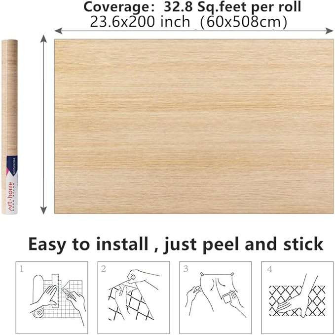 Arthome 23.6" x200"Peel and Stick Oak Wood Contact Paper Self-Adhesive Wall Paper,Decorative Vinyl Film for Countertop, Cabinets, Shelf, Drawer Liner,Easy to Clean Removable Wall Covering