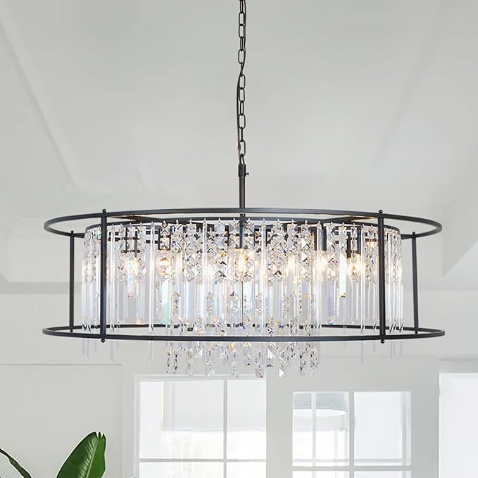 Modern Black Crystal Chandelier, Round Industrial Farmhouse Pendant Light Fixture for Dining Room, Kitchen Island, Living Room, Bedroom, Entryway Lighting