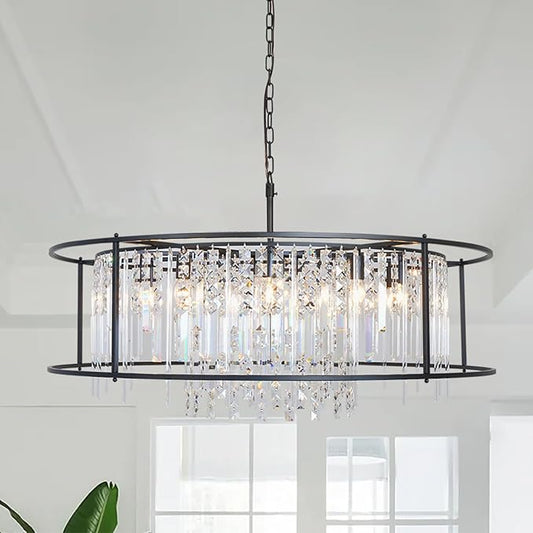Modern Black Crystal Chandelier, Round Industrial Farmhouse Pendant Light Fixture for Dining Room, Kitchen Island, Living Room, Bedroom, Entryway Lighting