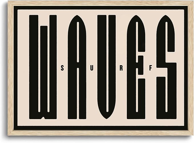 KISSFOX Retro WAVES Surf OAK Wood Framed Wall Art Farmhouse Coastal Typography Canvas Art Prints Rustic Southwestern Pictures Wall Decor Modern Mid Century Artwork For Gallery Entryway Living Room